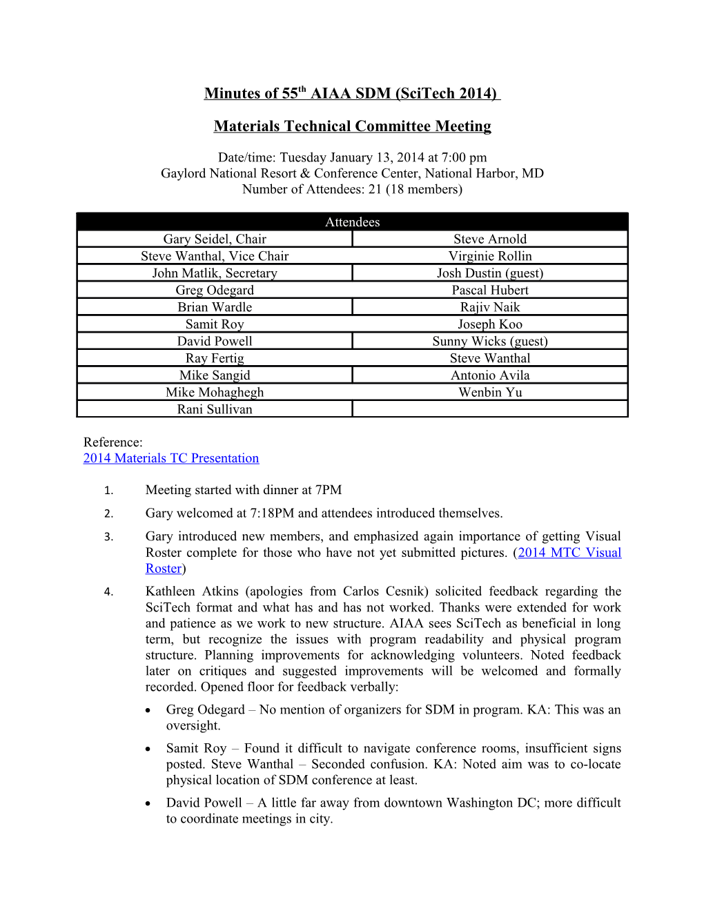 Minutes of 55Th AIAA SDM (Scitech 2014)