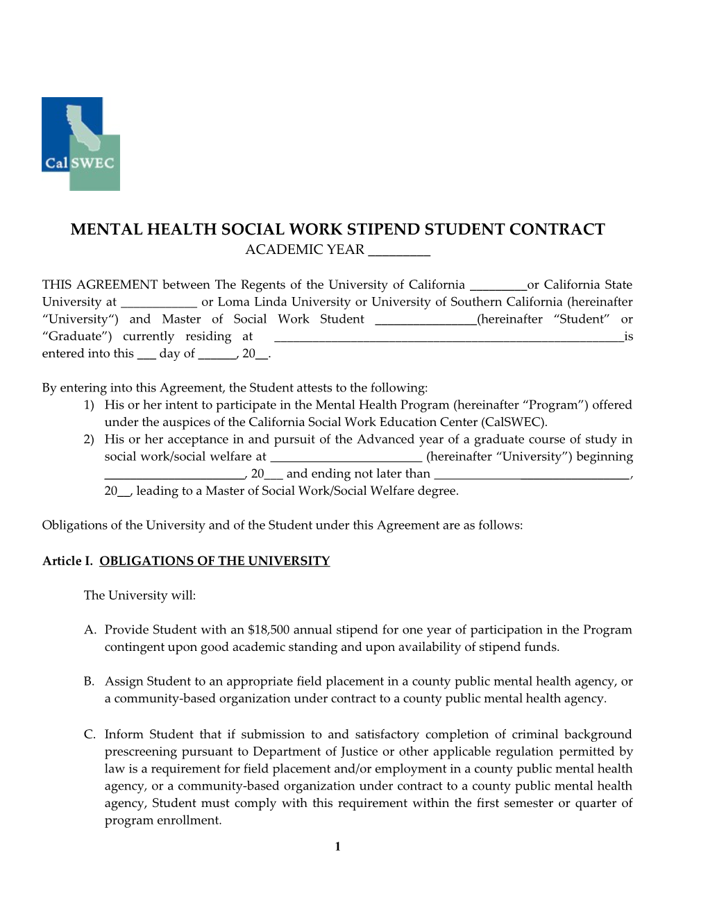 Mental Healthsocial Work Stipend Student Contract