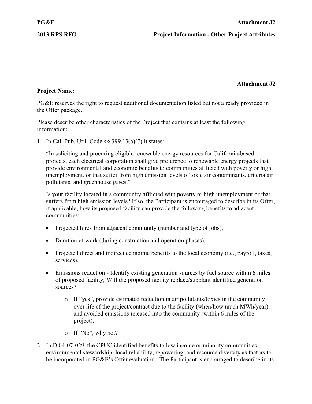 2013 RPS RFO Project Information - Other Project Attributes Attachment J2