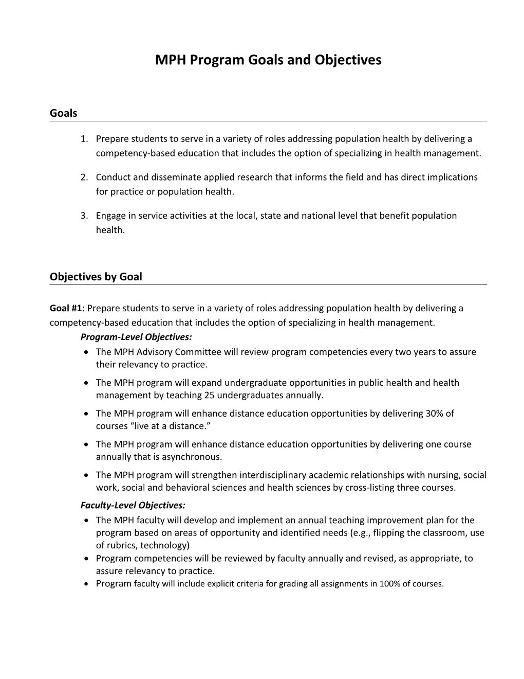 MPH Program Goals and Objectives