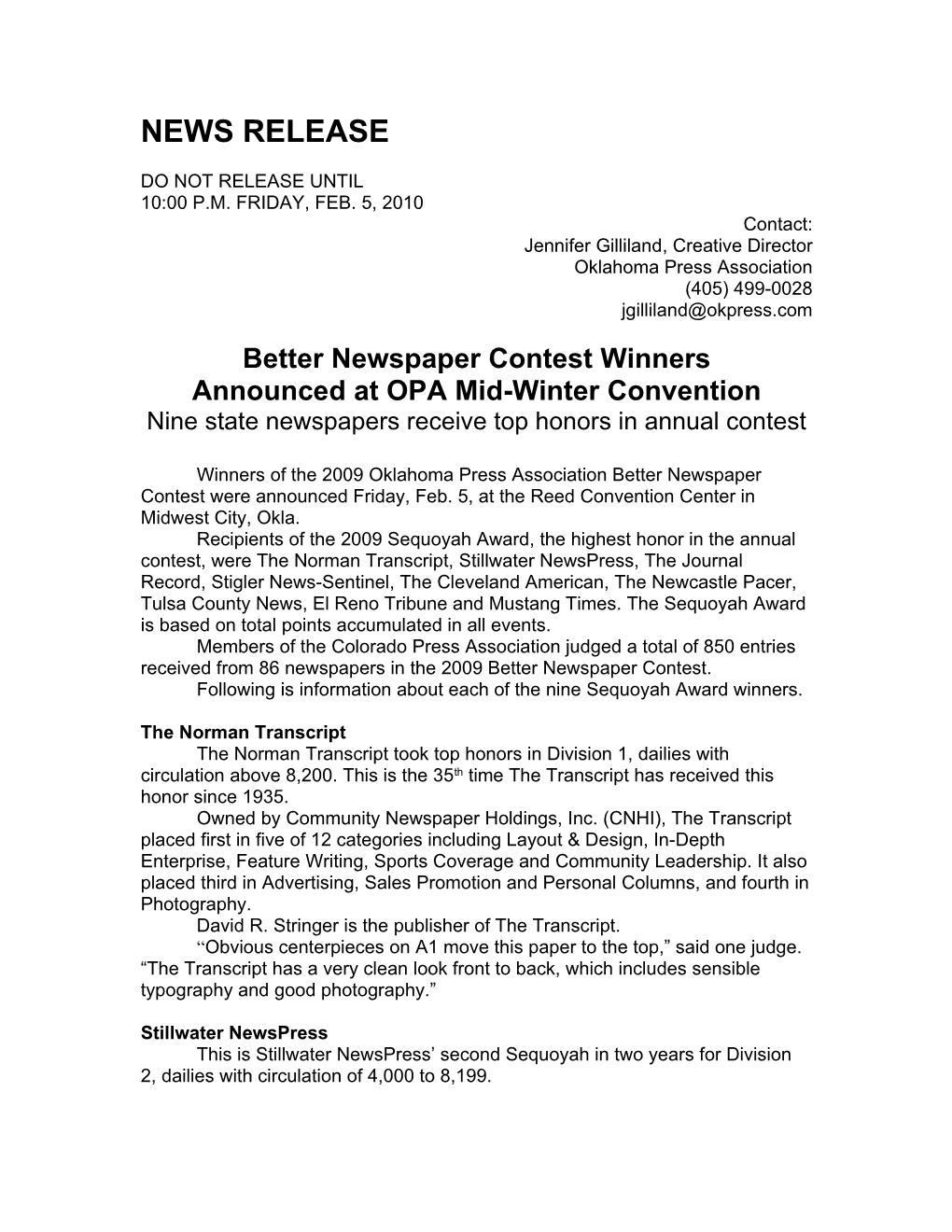 Better Newspaper Contest Winners