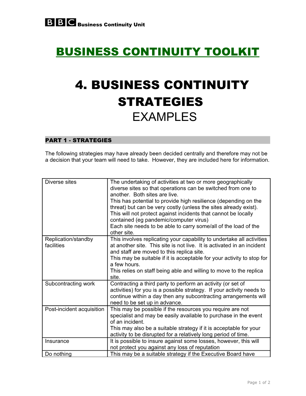 Typical Business Continuity Plan Content
