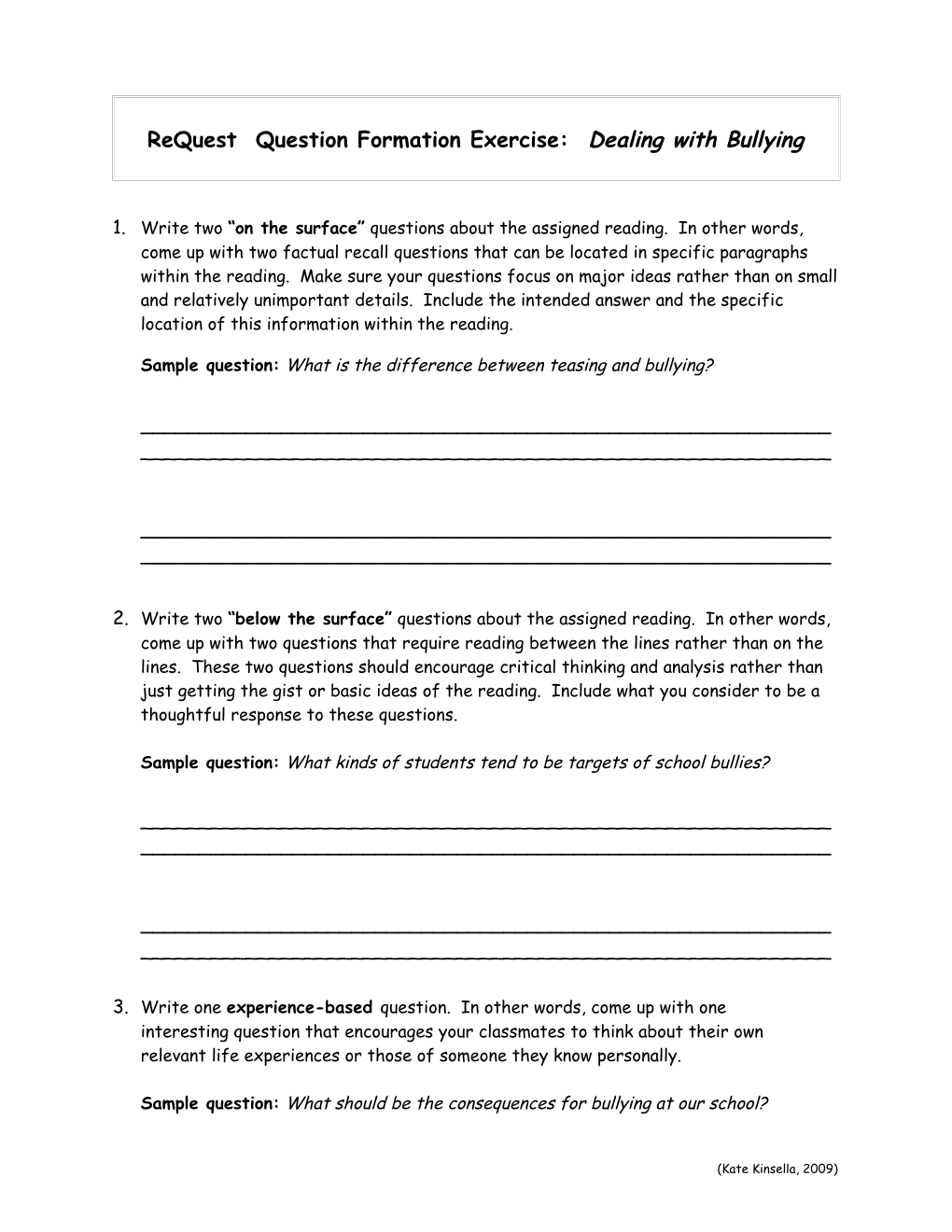 Question Formation Exercise: Dealing with Bullying