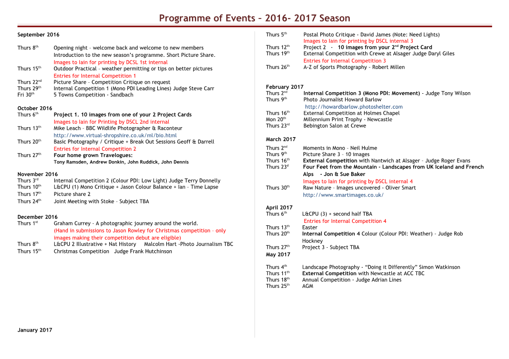 Programme of Events 2009/2010 Season