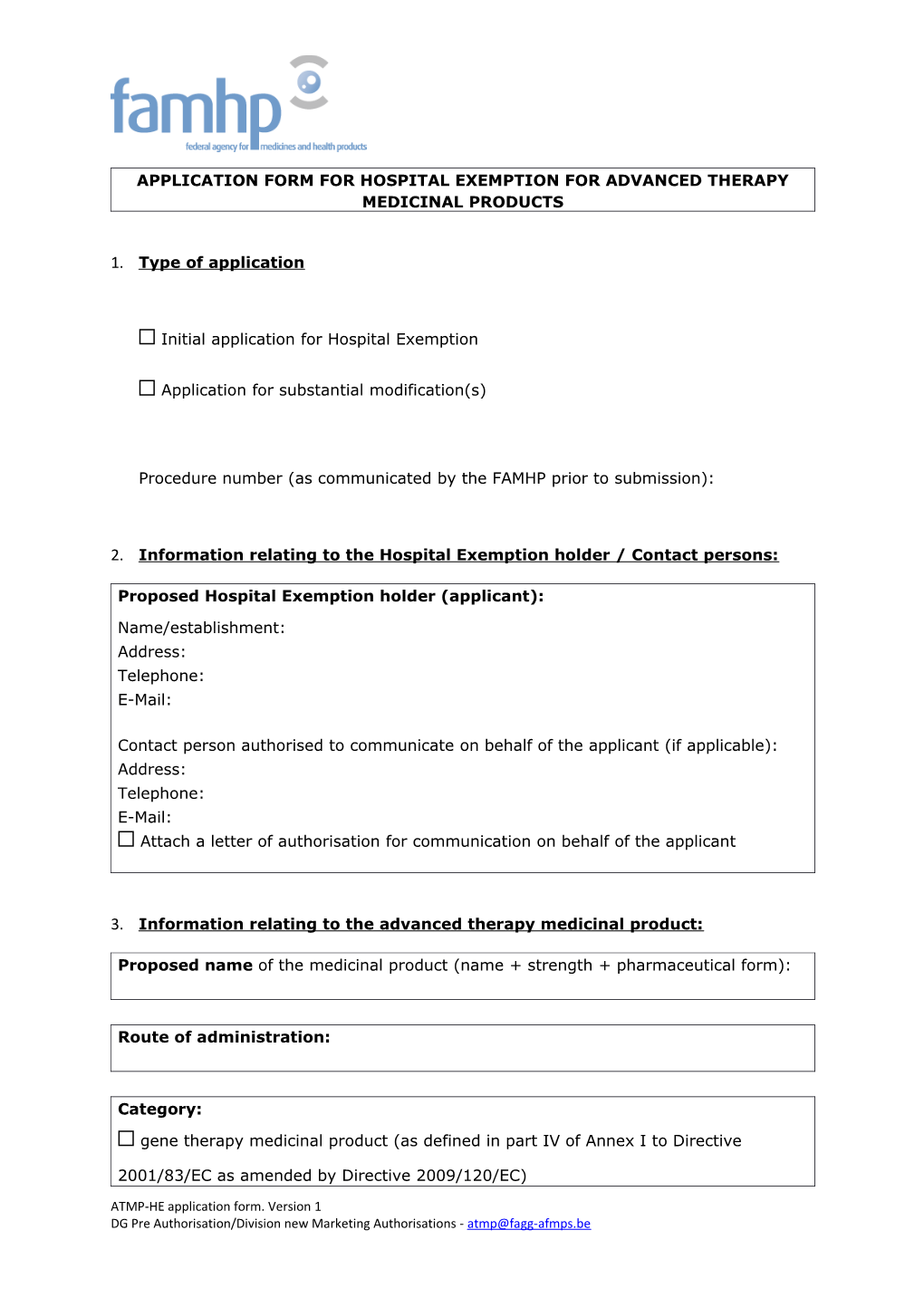 Application Form for Hospital Exemption for Advanced Therapy Medicinal Products