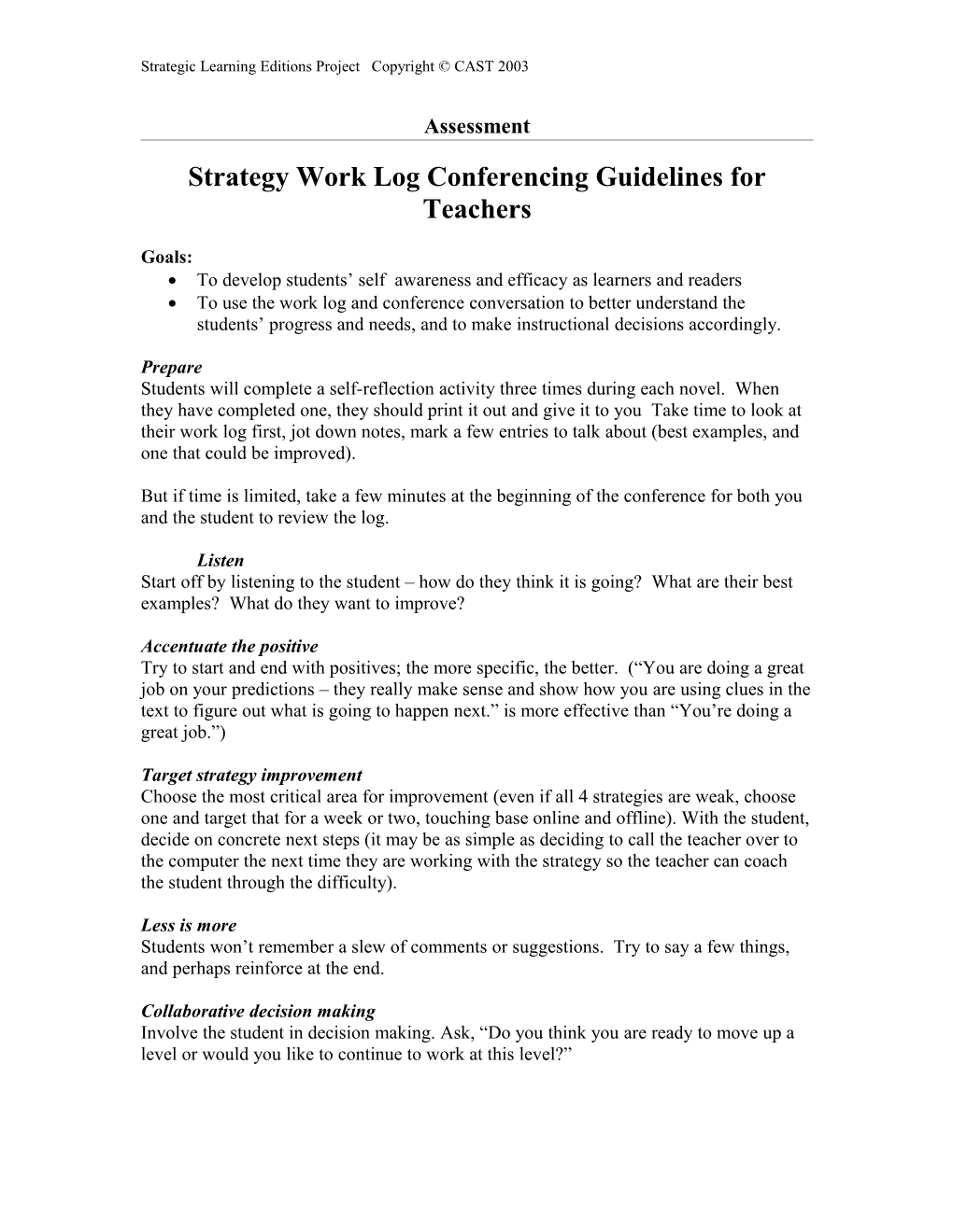 Strategy Work Log Conferencing Guidelines for Teachers
