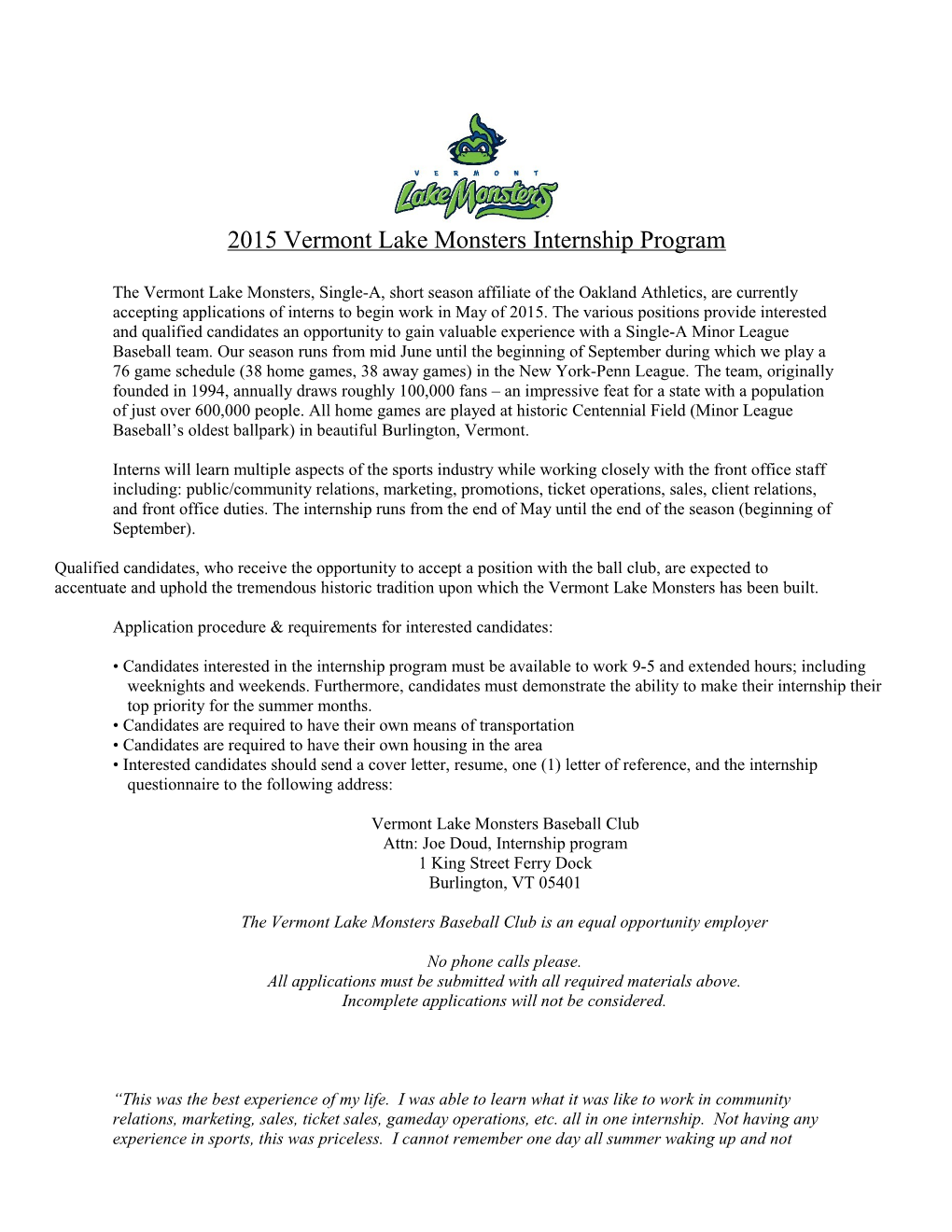 2015 Vermont Lake Monsters Internship Program
