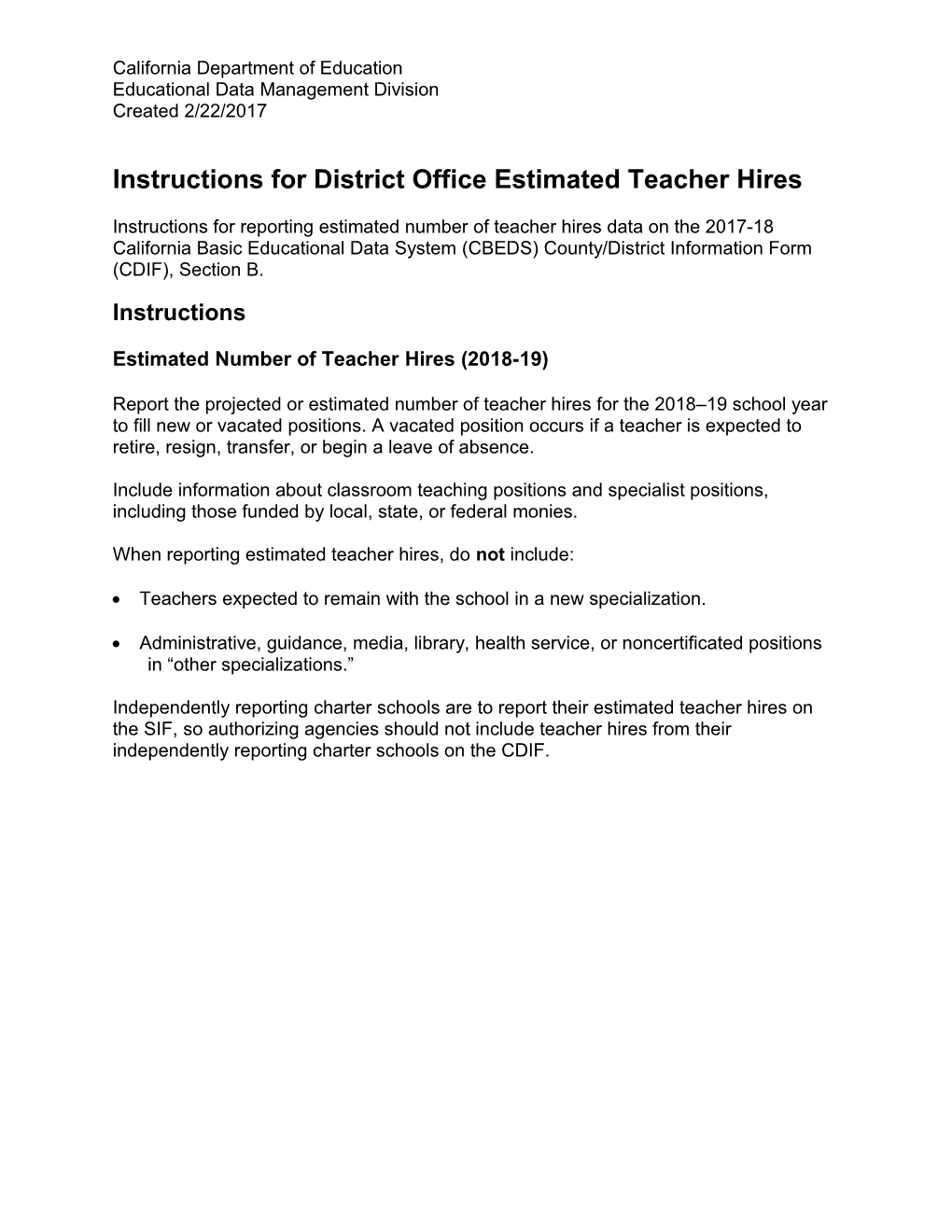 Instructions for District Office Estimated Teacher Hires