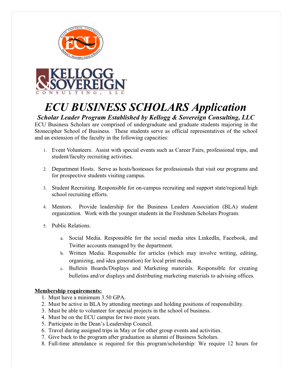 ECU BUSINESS SCHOLARS Application