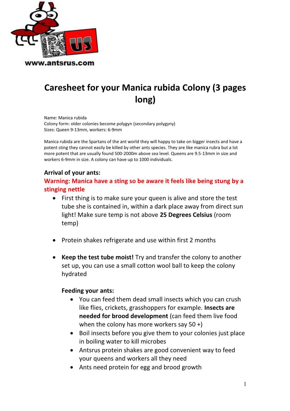 Caresheet for Your Manica Rubida Colony (3 Pages Long)
