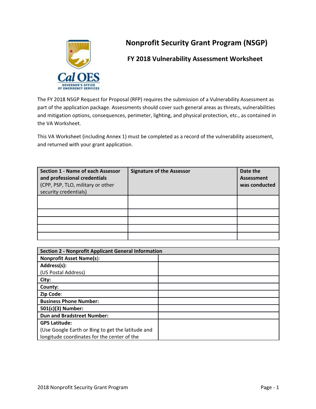 FY 2018 NSGP Vulnerability Assessment Worksheet