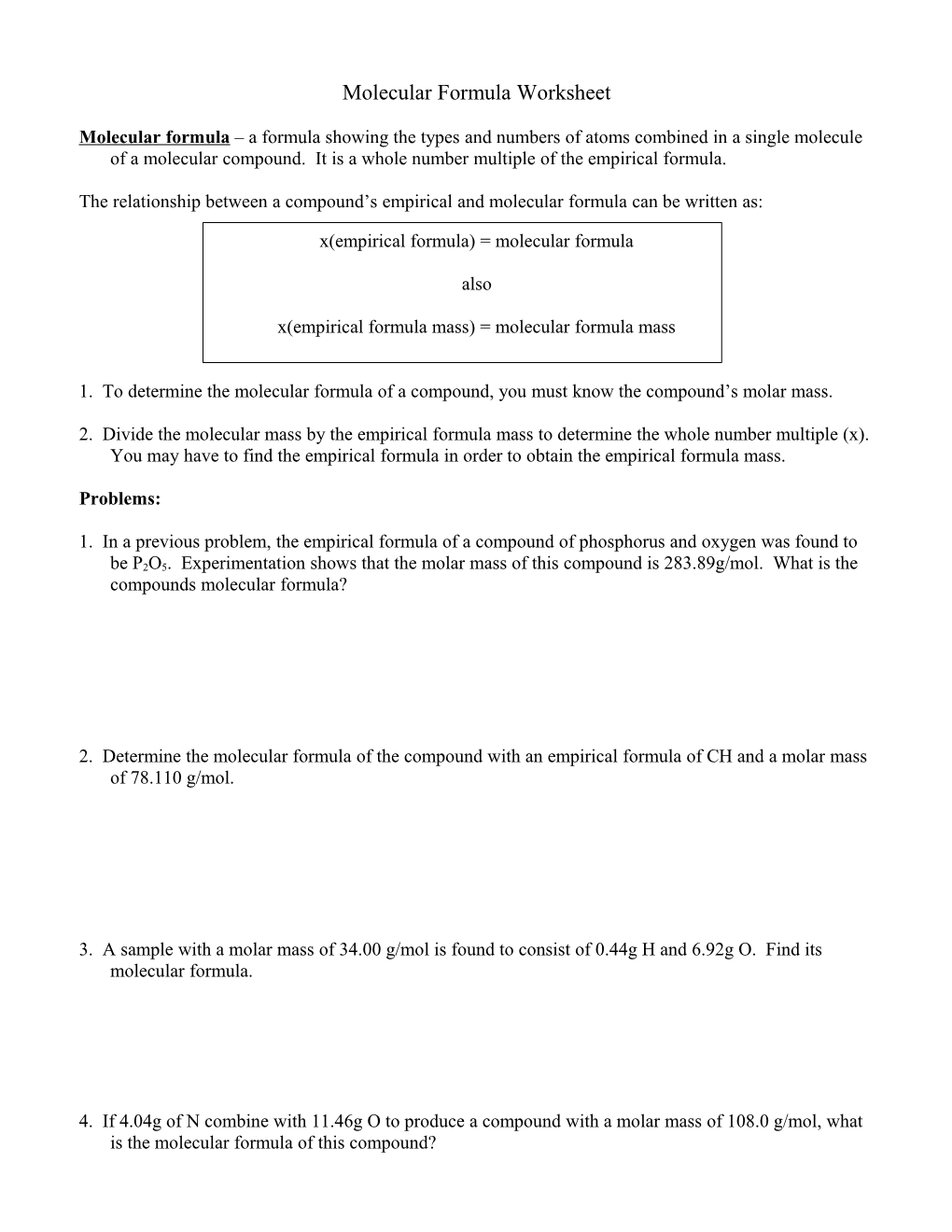 Molecular Formula Worksheet s2