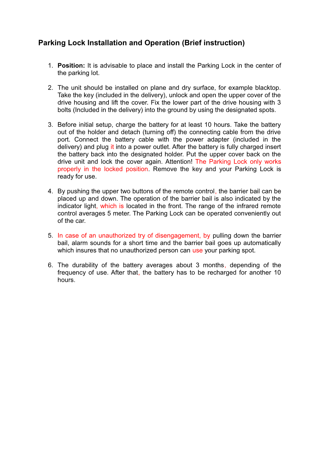 Parking Lock Installation and Operation (Brief Instruction)