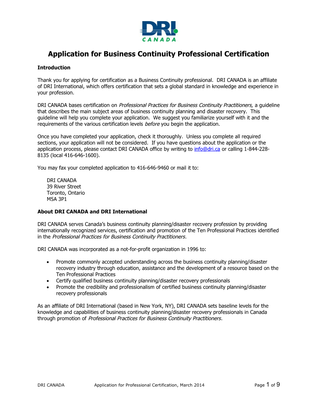 DRAFT DRI International Application for Professional Certification Form
