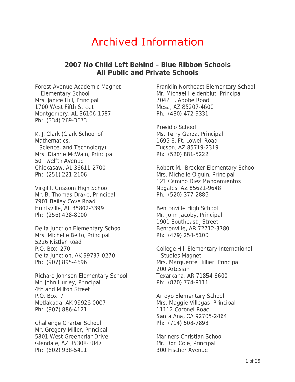 Archived: 2007 NCLB-Blue Ribbon Schools: List of All Schools with Principals' Names December