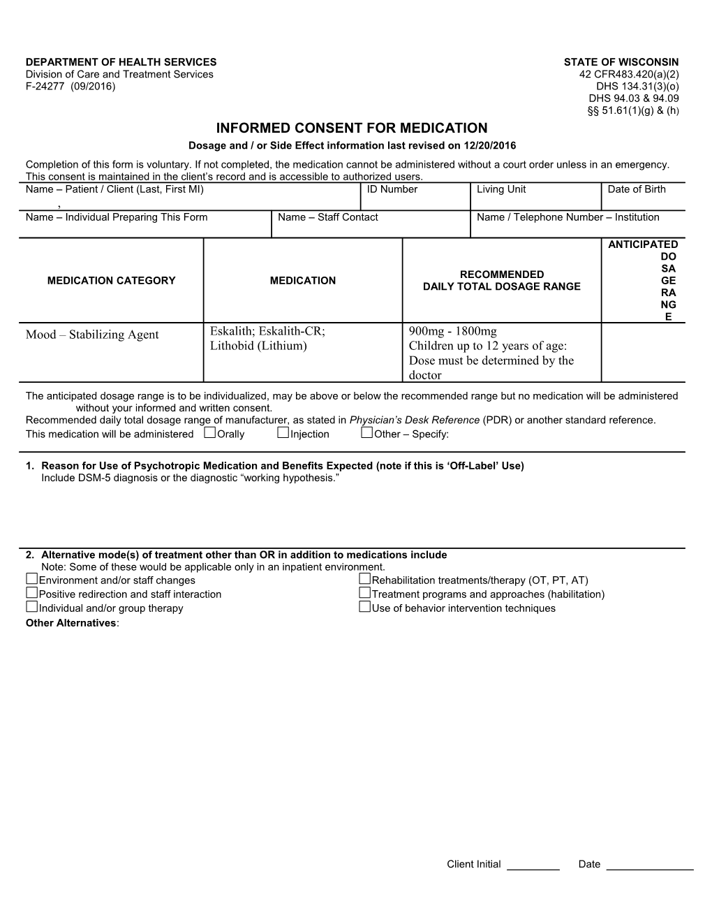 Informed Consent for Medication, Eskalith