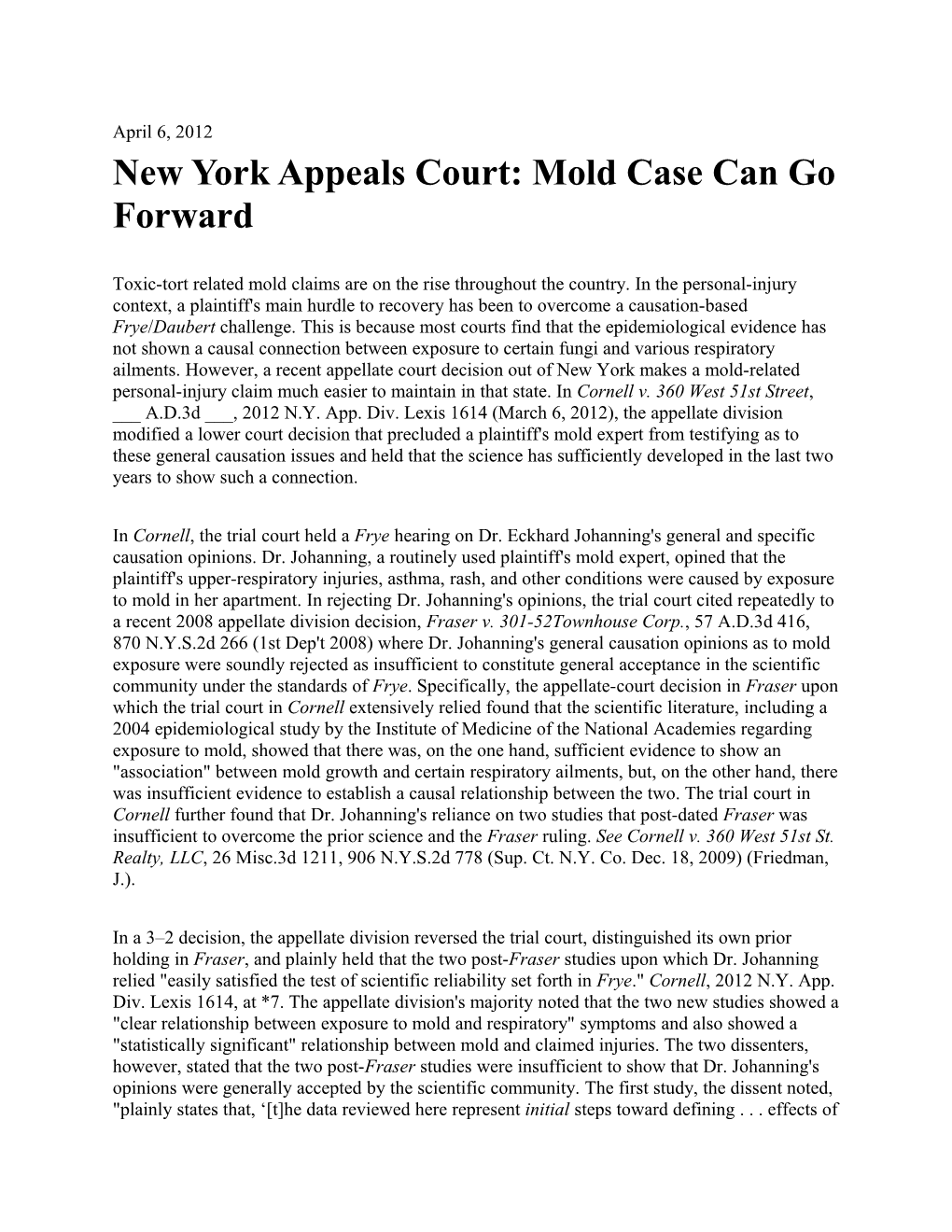 New York Appeals Court: Mold Case Can Go Forward