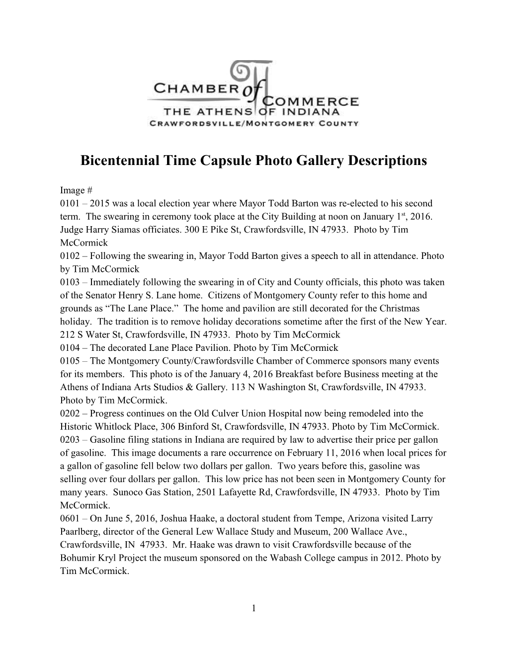 Bicentennial Time Capsule Photo Gallery Descriptions
