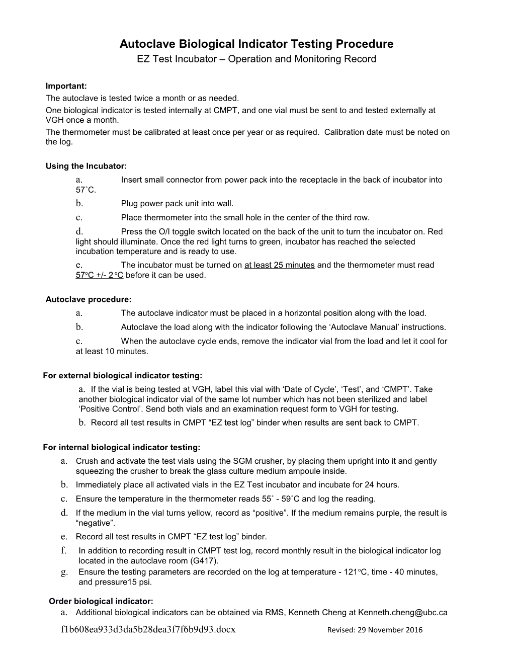 Autoclave Biological Indicator Operating Procedure