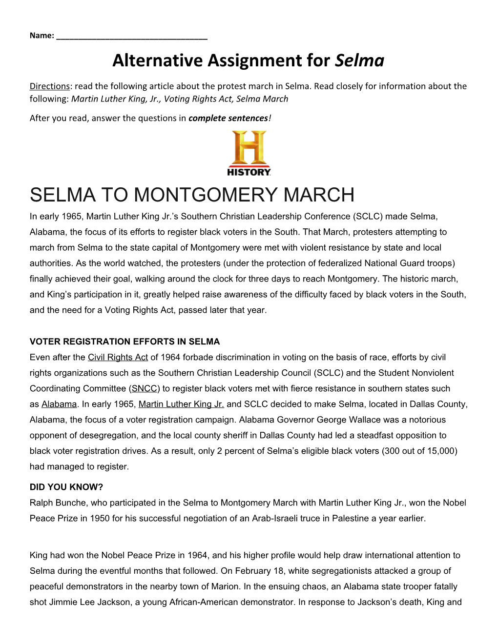 Alternative Assignment for Selma