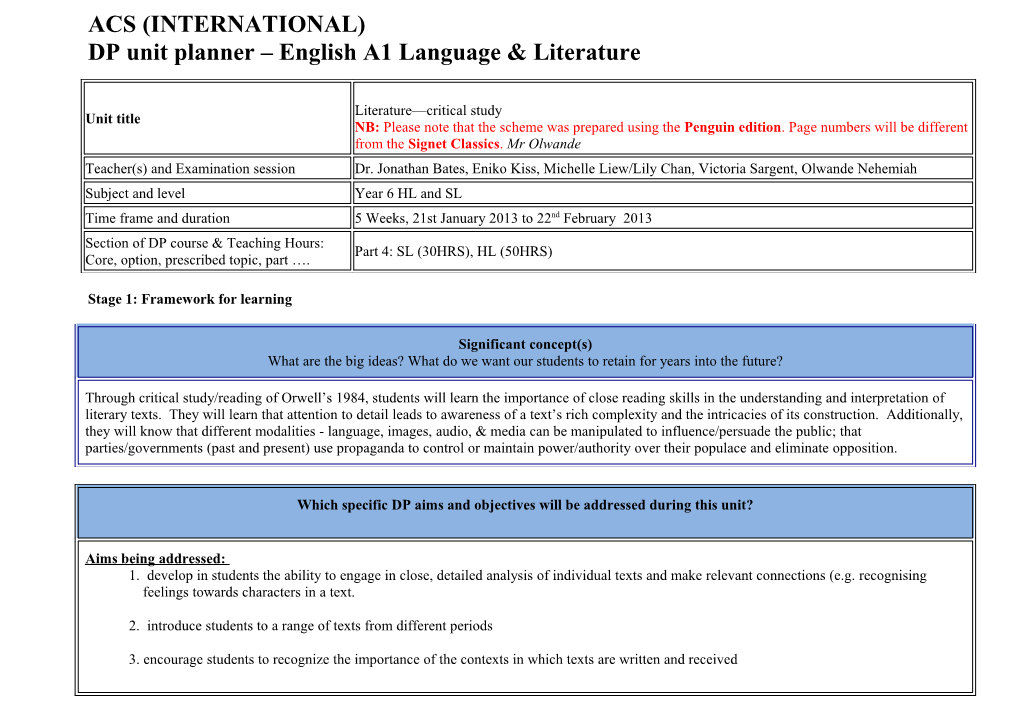 DP Unit Planner English A1 Language & Literature