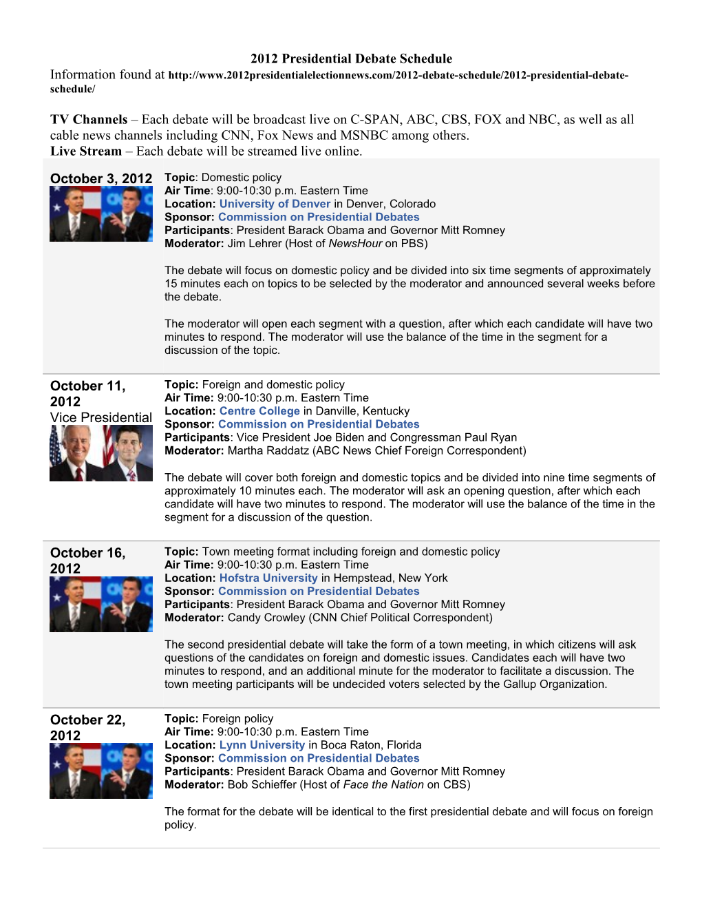 2012 Presidential Debate Schedule