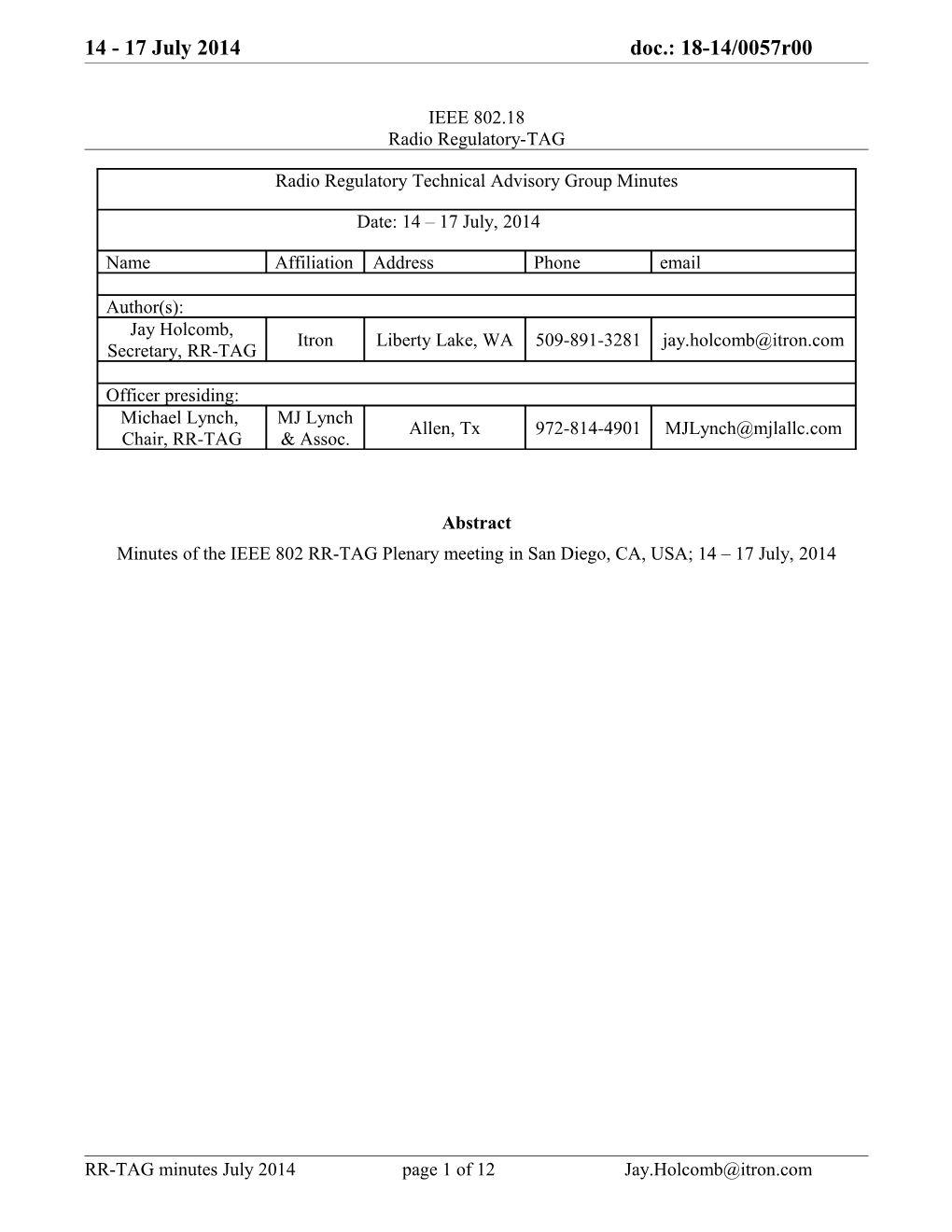 IEEE 802.18 Radio Regulatory-TAG s1