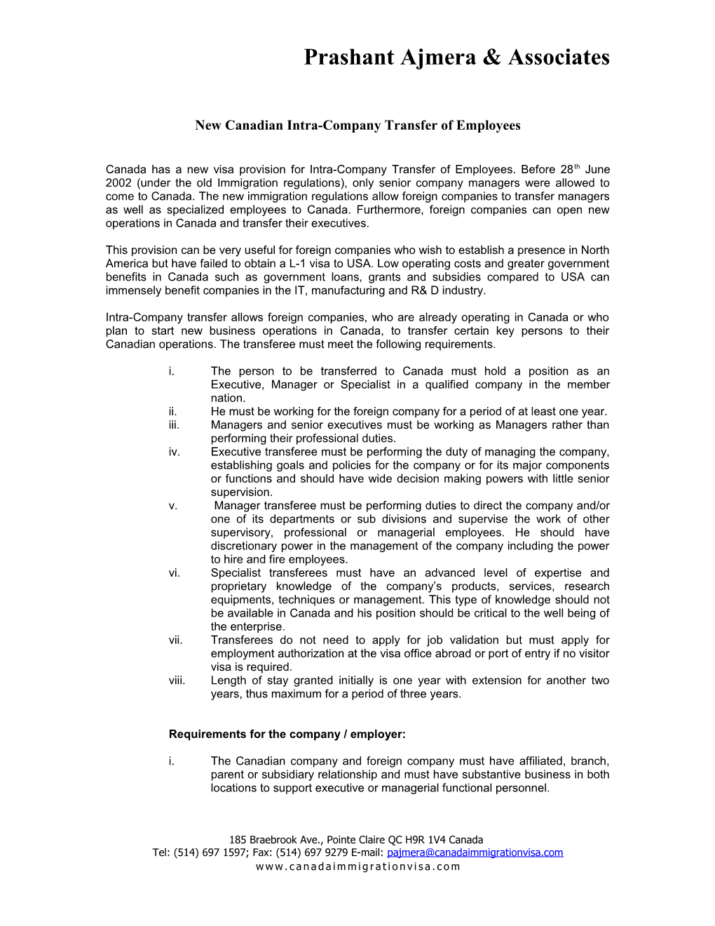 Intra Company Transfer Of Employees