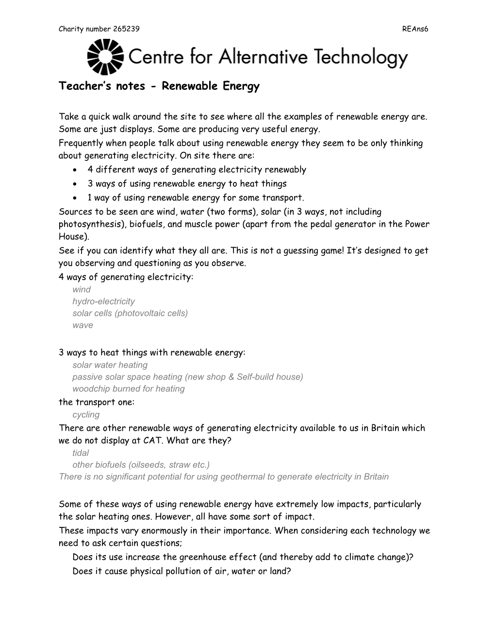 Teacher S Notes - Renewable Energy