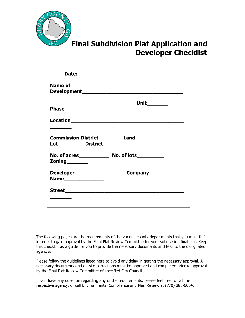 Final Subdivision Plat Application And