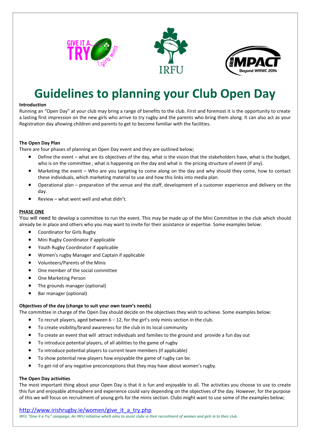 Guidelines to Planning Your Club Open Day