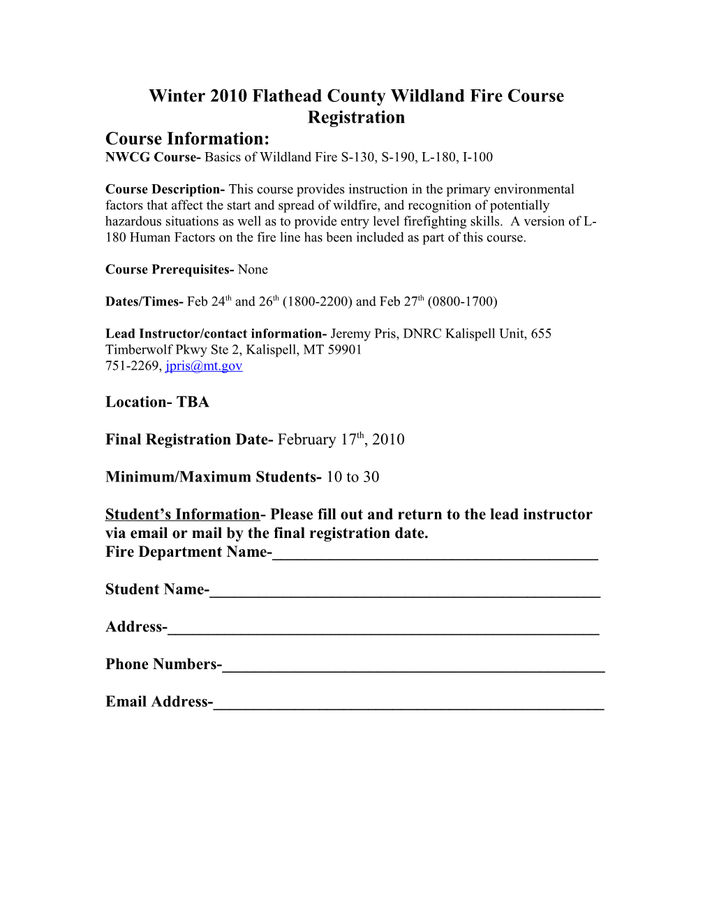 Winter 2008-2009 Flathead County Wildland Fire Course Registration