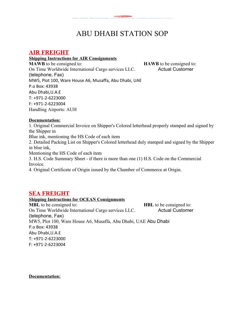 Shipping Instructions for AIR Consignments