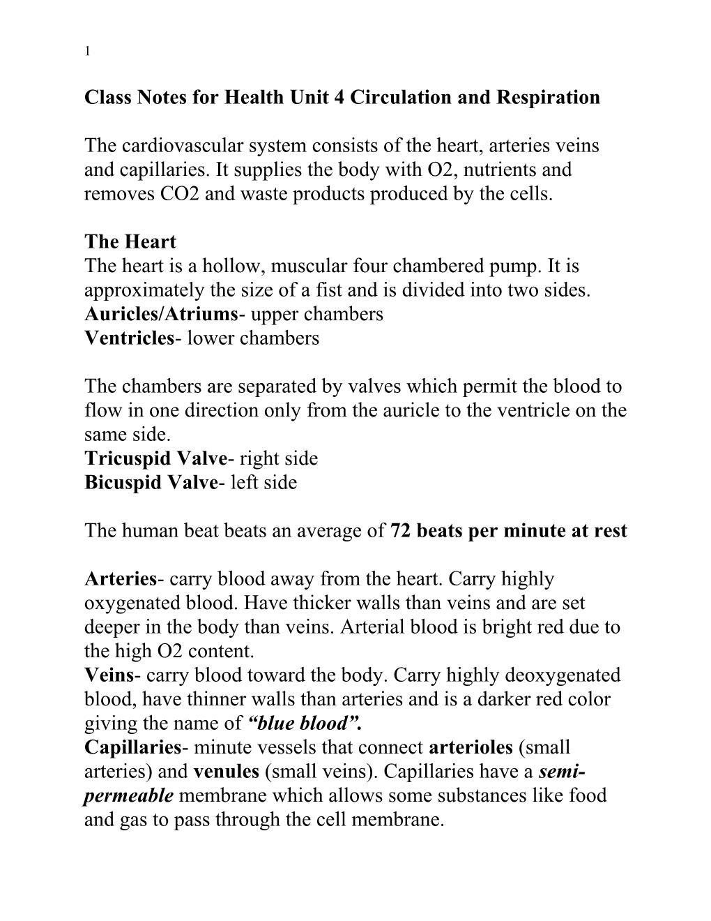 Class Notes for Health Unit 4 Circulation and Respiration