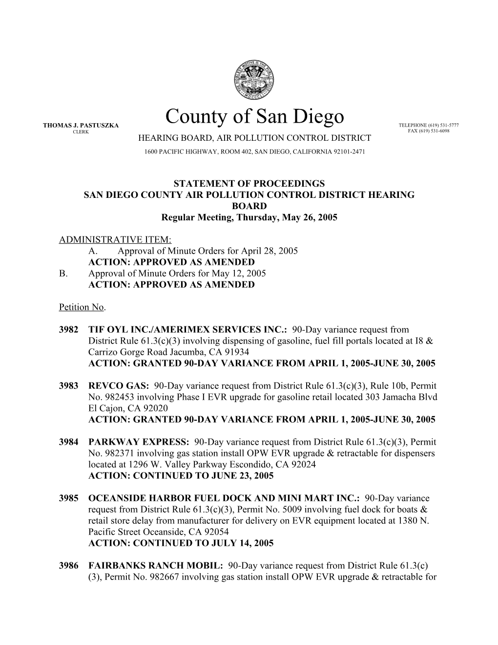 San Diego County Air Pollution Control District Hearing