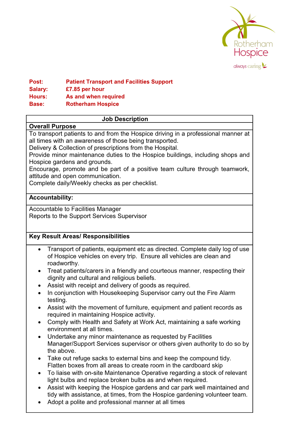 Job Description Appendix 1