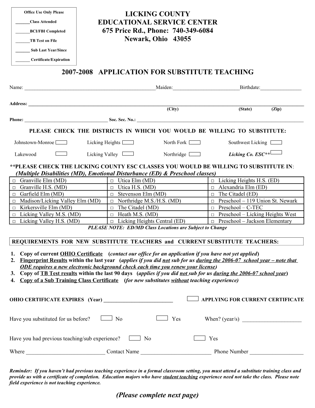 2007-2008 Application for Substitute Teaching