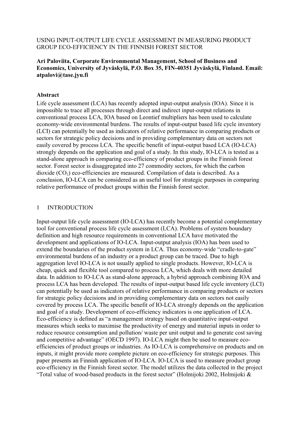 Using Input-Output Based Life Cycle Inventory in Measuring Product Group Eco-Efficiency