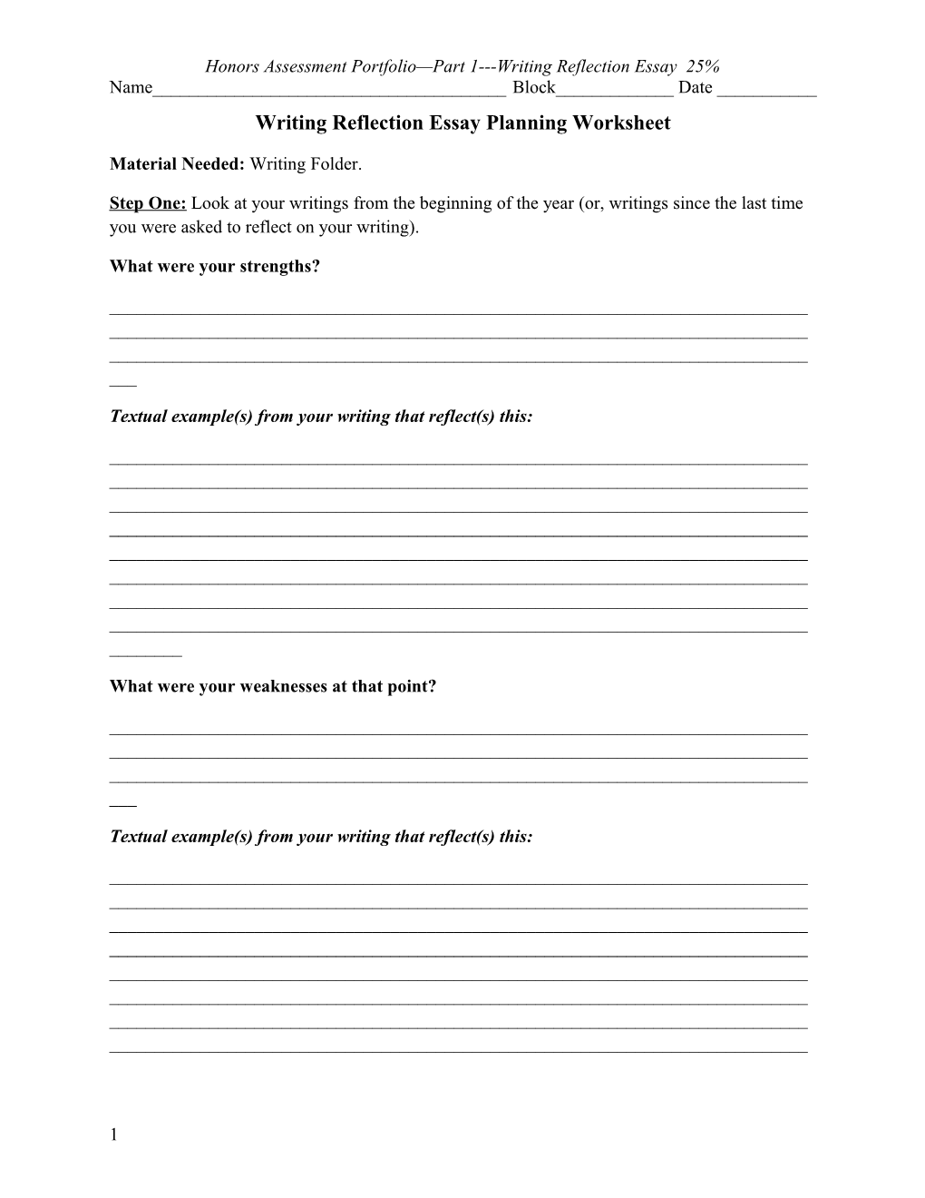 Writing Reflection Essay Planning Worksheet