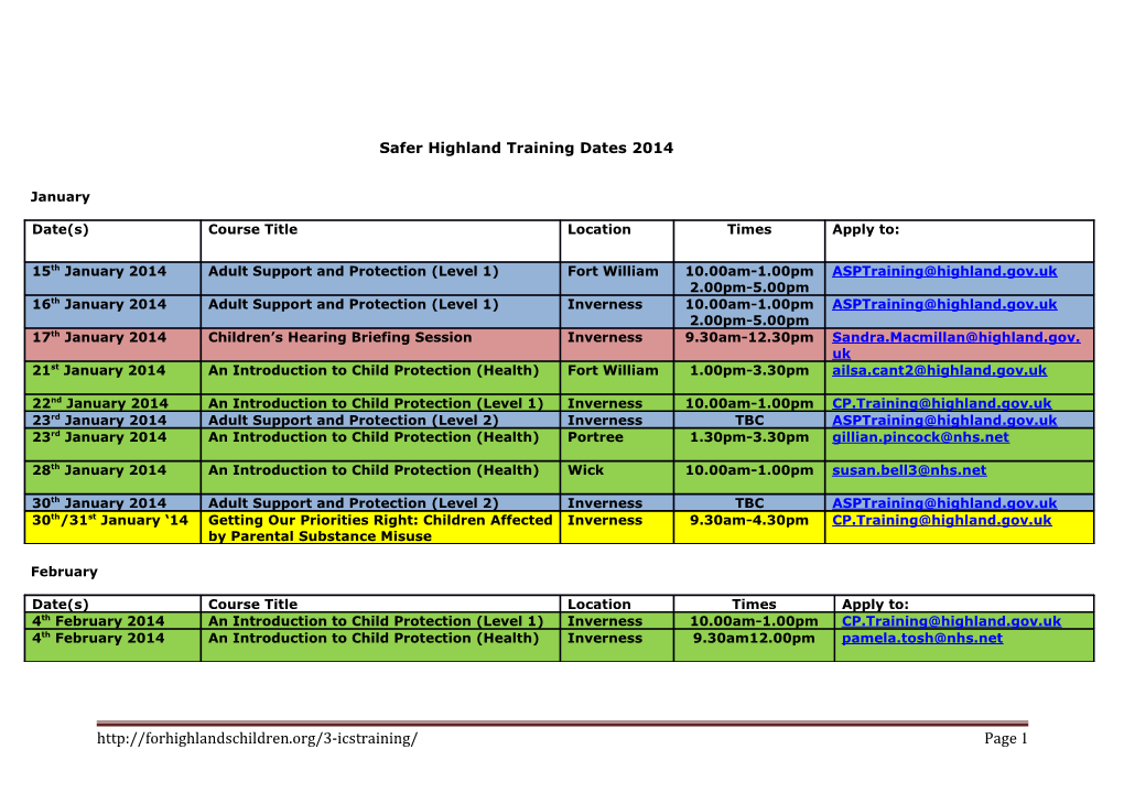 Safer Highland Training Dates 2014
