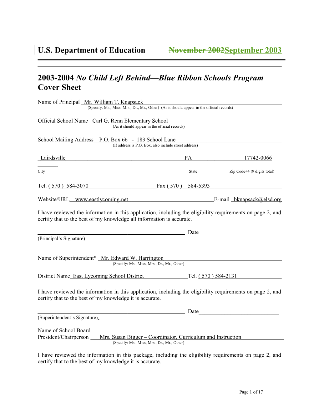 Carl G. Renn Elementary School 2004 No Child Left Behind-Blue Ribbon School Application (Msword)