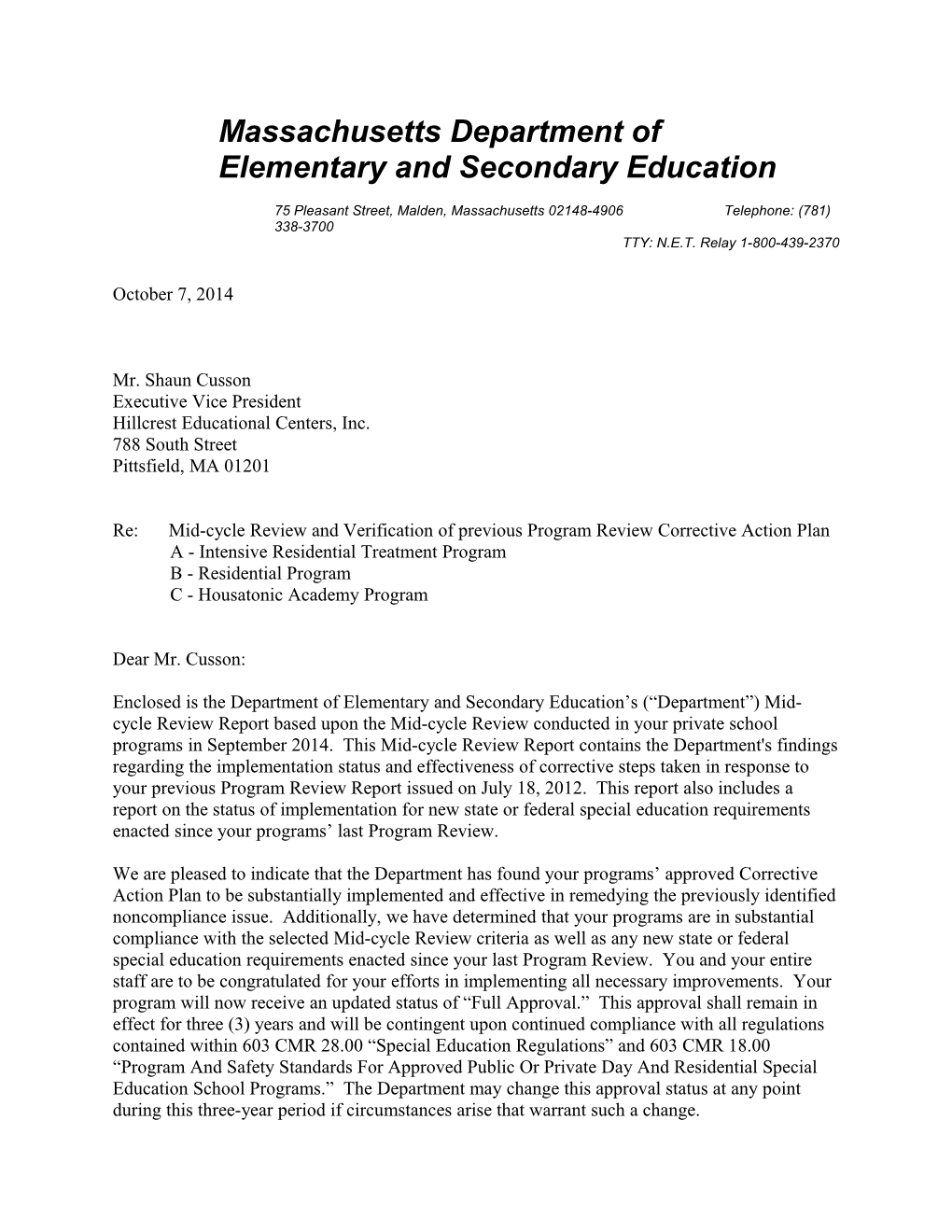 Hillcrest Educational Centers, Inc. Mid-Cycle Report 2015