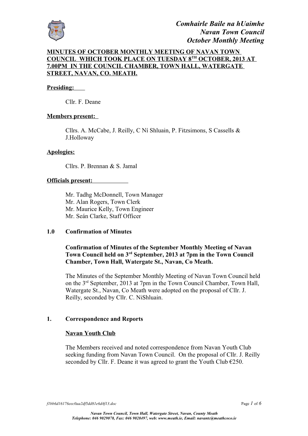 Minutes of March Monthly Meeting of Navan Town Council Which Took Place on Tuesday 1St