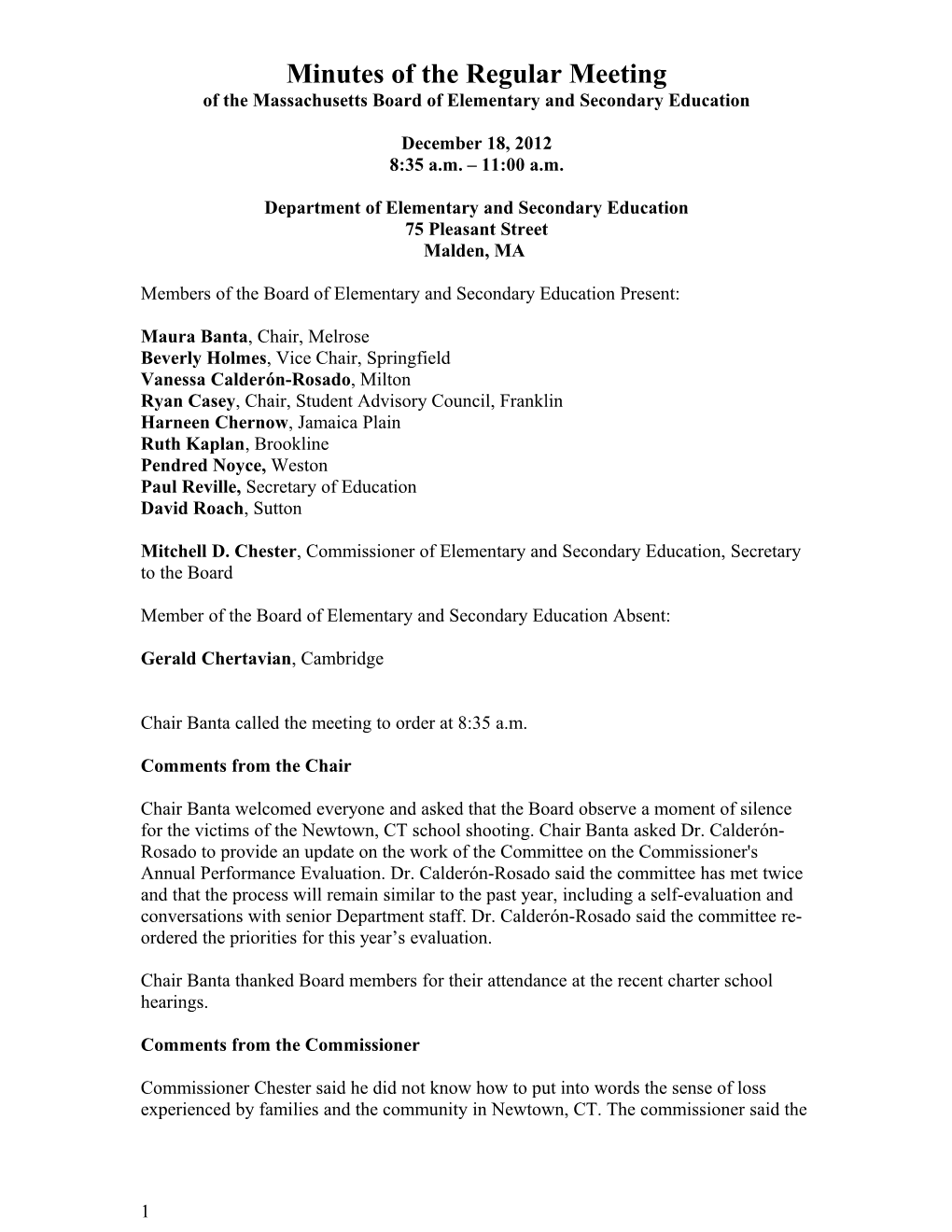 Minutes of the Board of Elementary and Secondary Education's December 18, 2012 Meeting