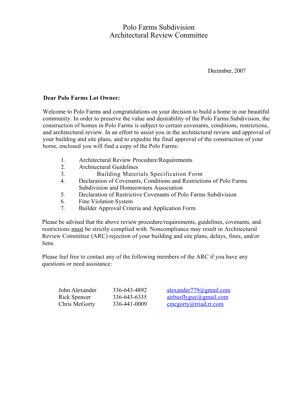 Polo Farms Subdivision Architectural Review Committee