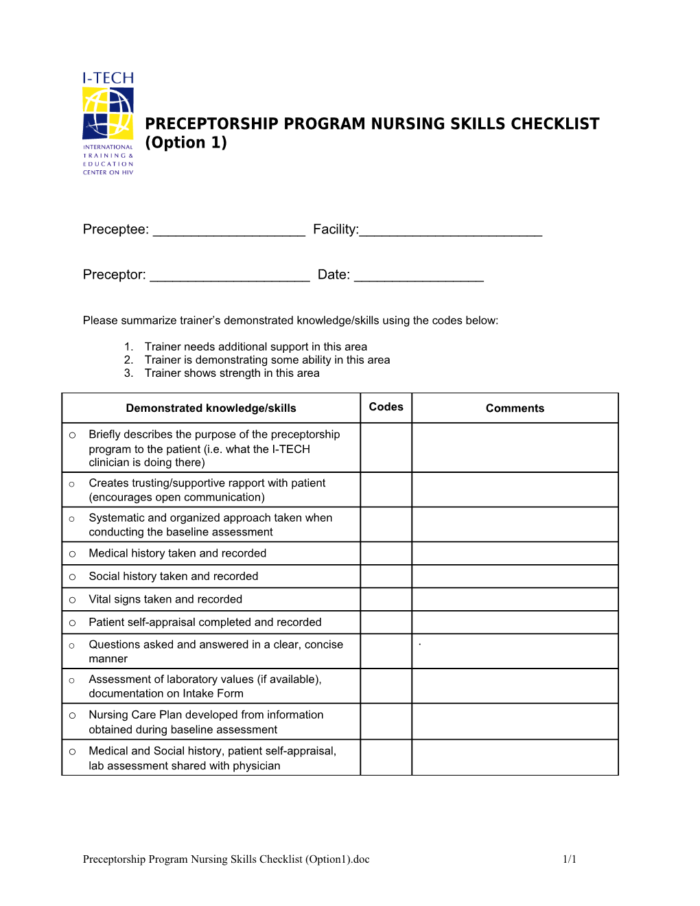 PRECEPTORSHIP PROGRAM NURSING SKILLS CHECKLIST (Option 1)