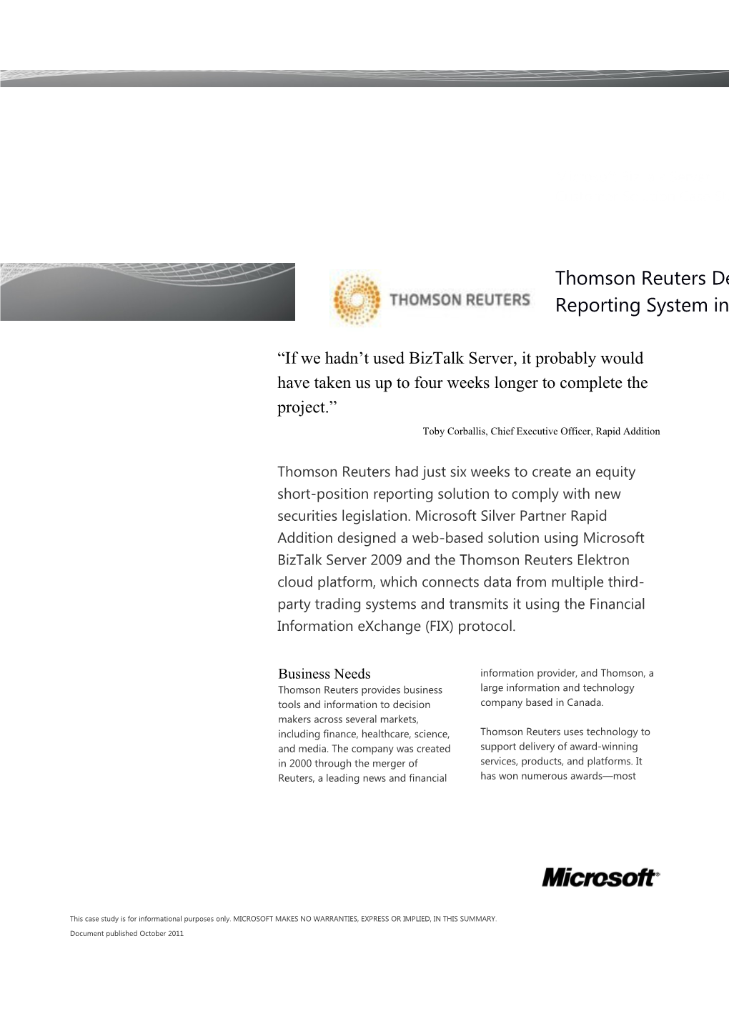 Writeimage CSB Thomson Reuters Deploys Complex Web Reporting System in Just Six Weeks