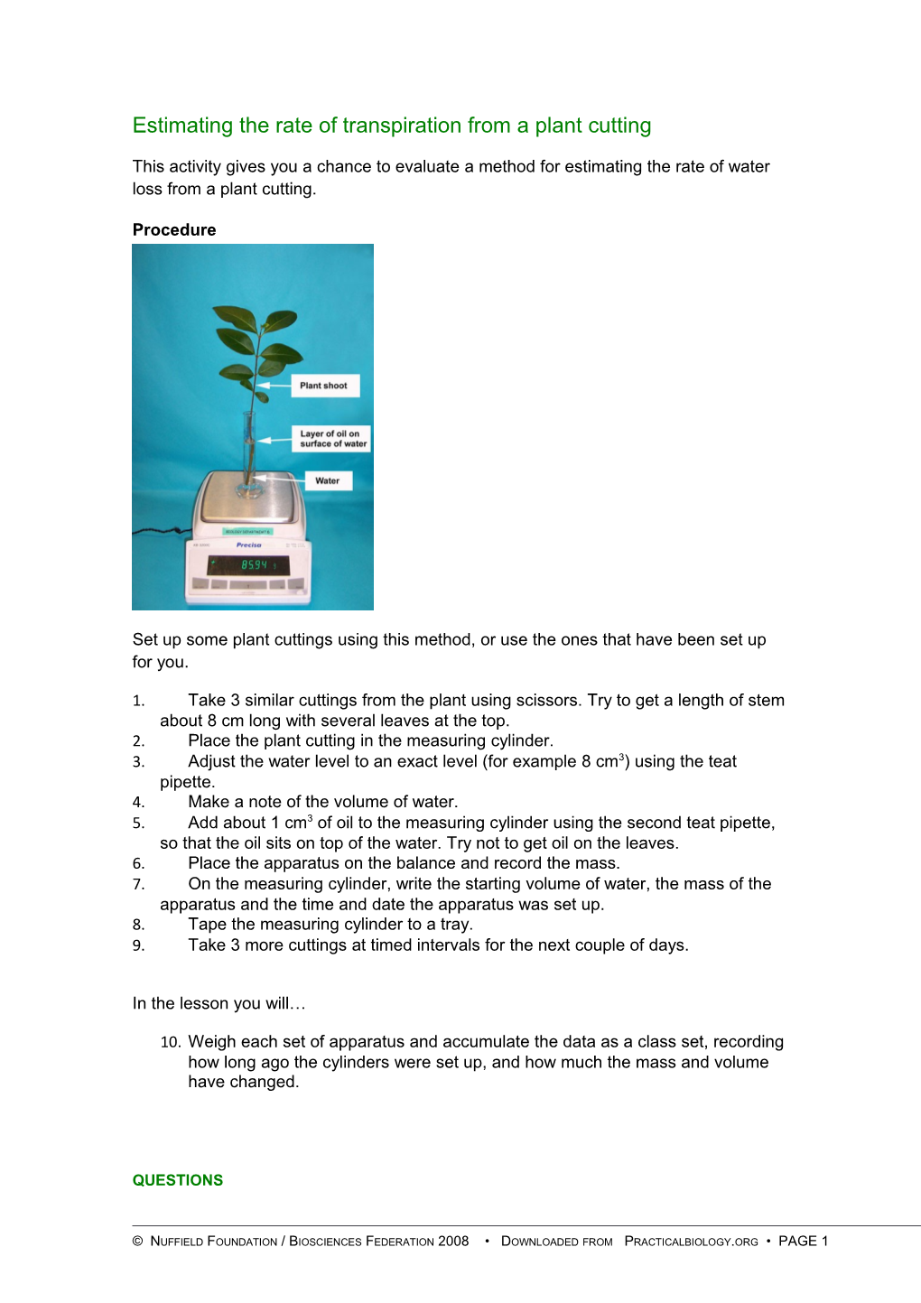 Estimating the Rate of Transpiration from a Plant Cutting