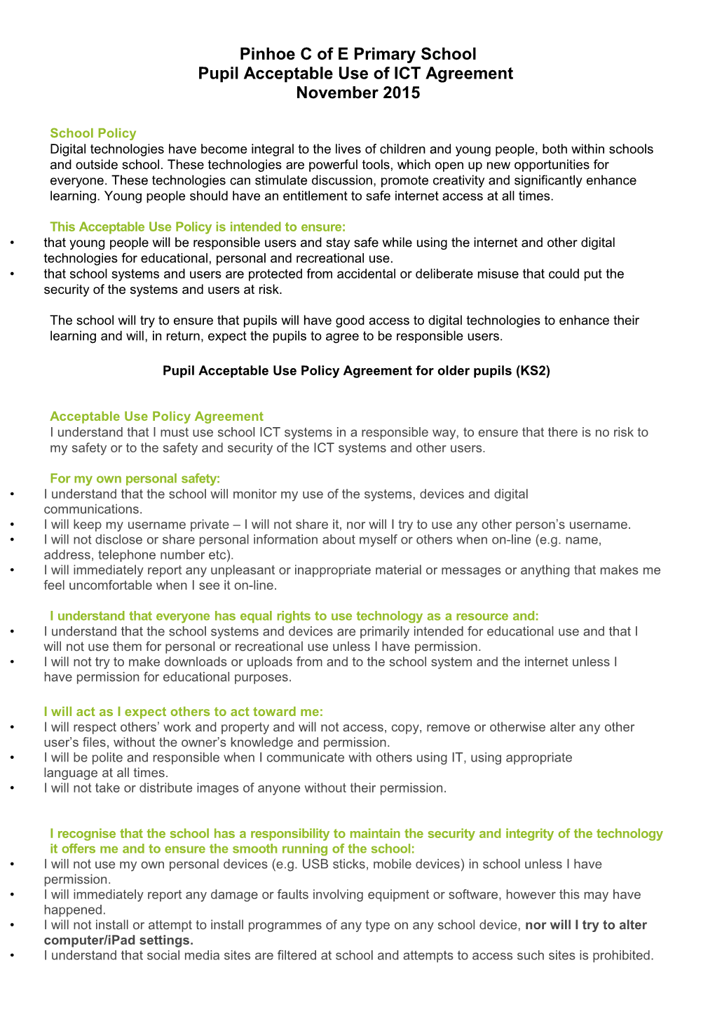 Pupil Acceptable Use of ICT Agreement