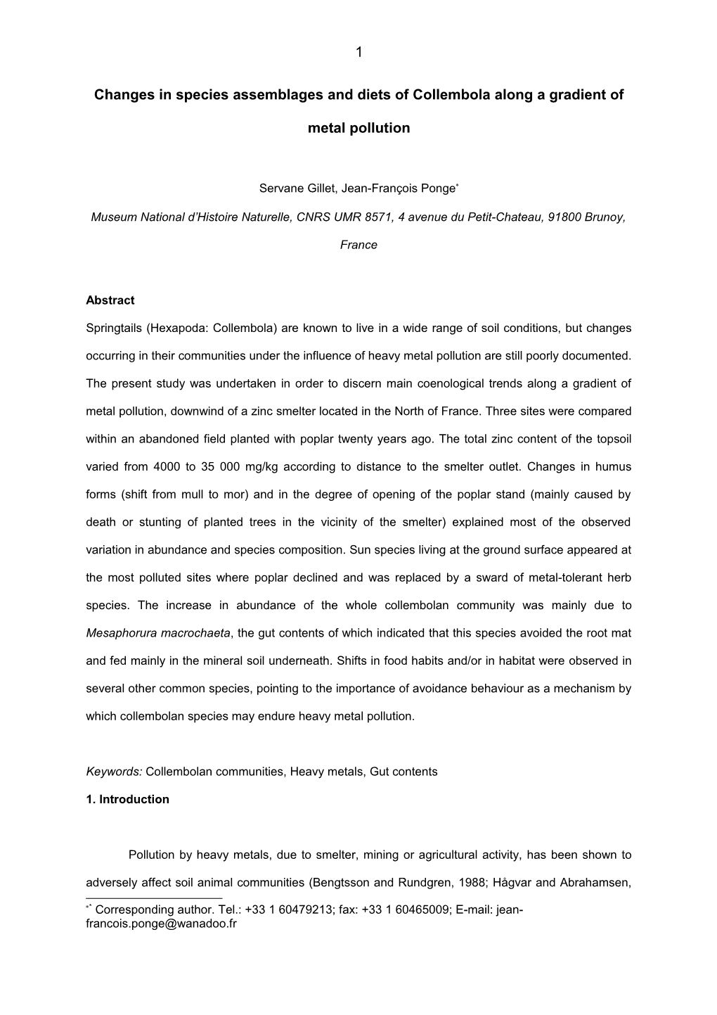 Changes in Springtail Assemblages and Food Diets Along a Gradient of Metal Pollution